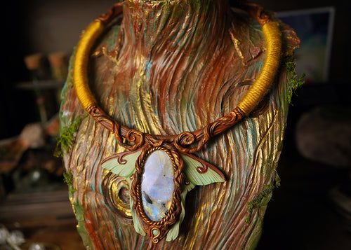 Moonstone with Ethiopian Opal Luna Moth Collar Necklace