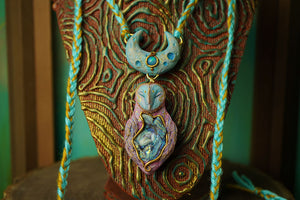 Barn Owl with Aura Chalcedony and Ethiopian Opal Necklace