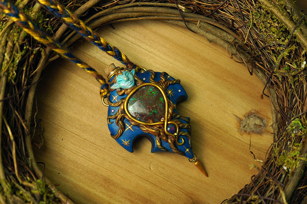 Celestial Faerie with Boulder Opal and Black Opal - Potion Bottle Necklace