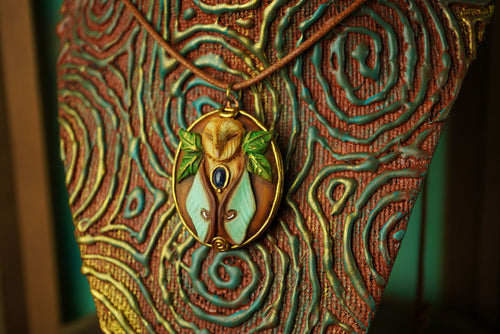 Barn Owl Luna Moth with Black Opal Vintage Locket Necklace