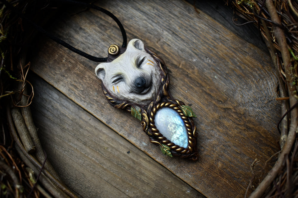 Polar Bear with Moonstone Necklace