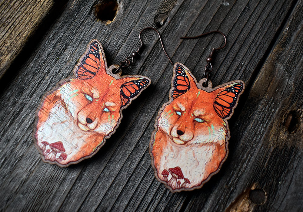 Monarch Butterfly Fox Wooden Earrings