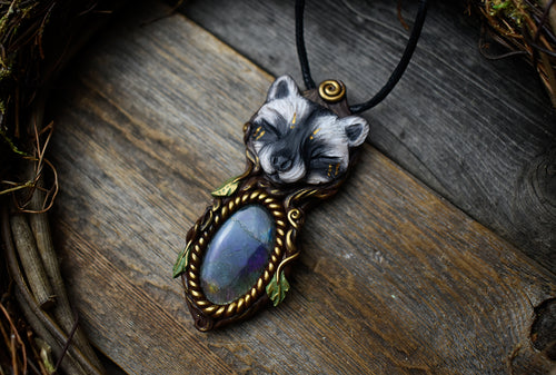 Raccoon with Labradorite Necklace