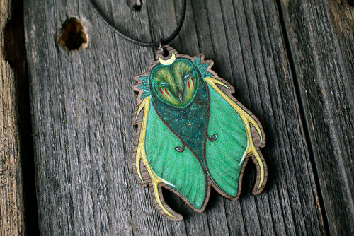 Owl Luna Moth Wooden Necklace