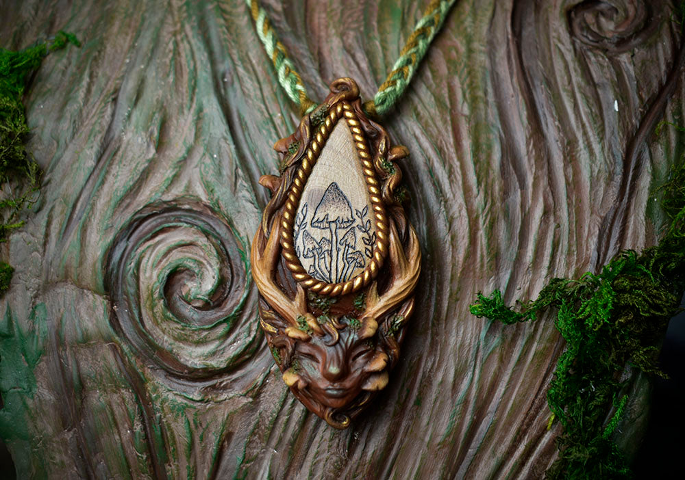 HanaHonua Collab - Forest Goddess with Wood Burned Mushrooms Necklace