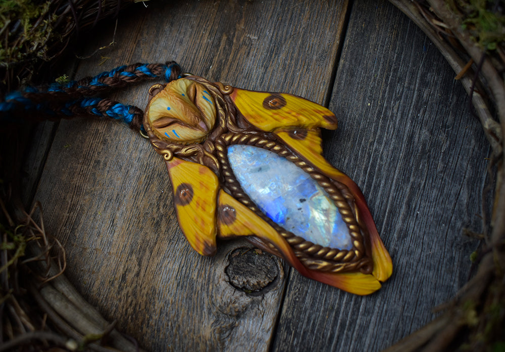 Owl Comet Moth with Moonstone Necklace