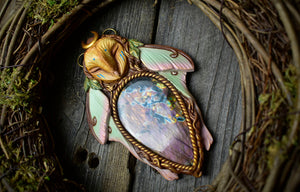 Chinese Moon Moth Barn Owl with Labradorite Necklace