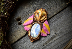 Rosy Maple Moth Owl with Moonstone Necklace