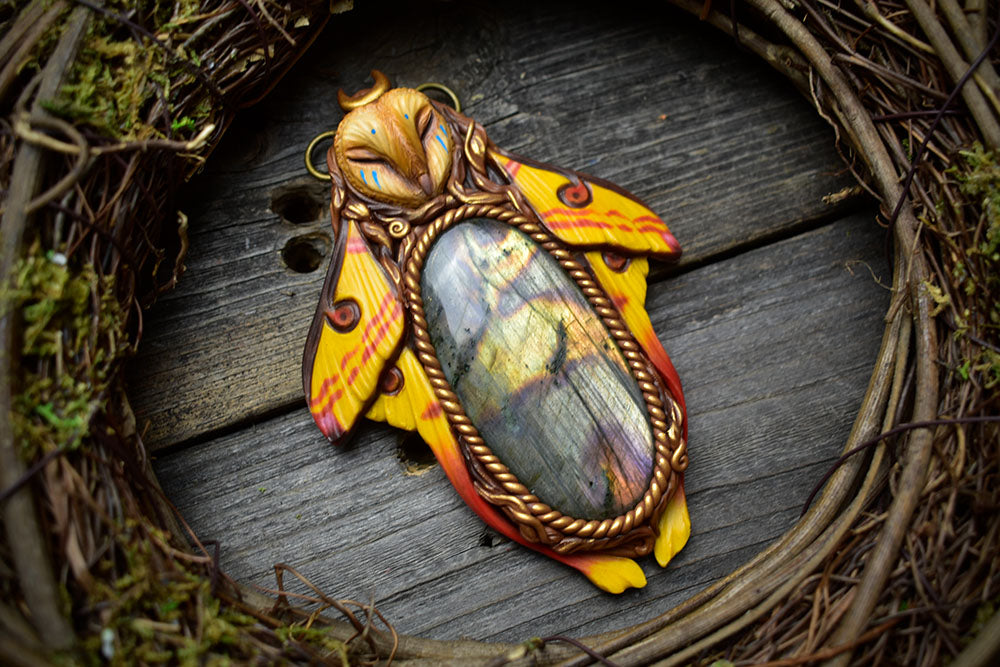 Comet Moth Barn Owl with Labradorite Necklace