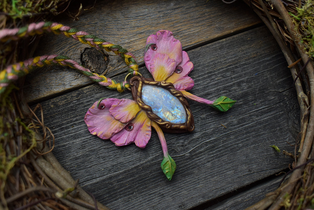 Flower Moth with Moonstone Necklace