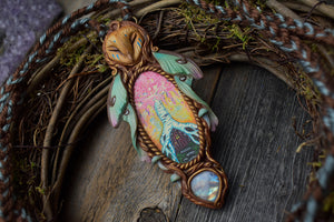 Owl with Painted Wood and Moonstone Necklace