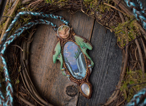 Luna Moth Faerie with Painted Wood and Moonstone Necklace