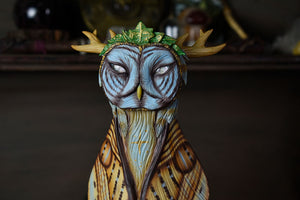 Great Grey Owl with Brahmin Moth - 7" Sculpture