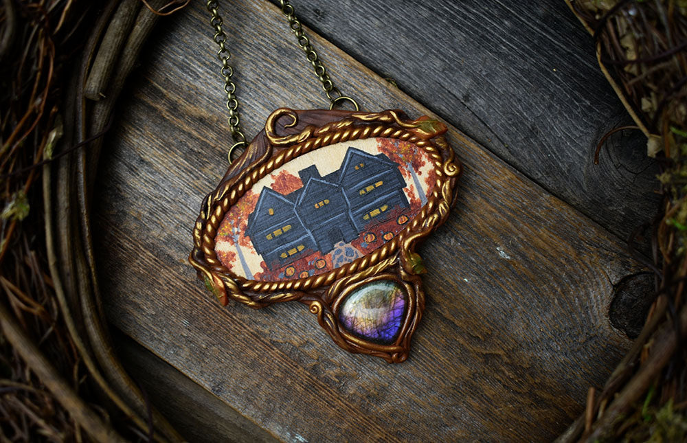 Salem Witch House Wood Painting with Labradorite Necklace