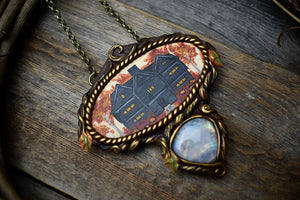 Salem Witch House Wood Painting with Moonstone Necklace