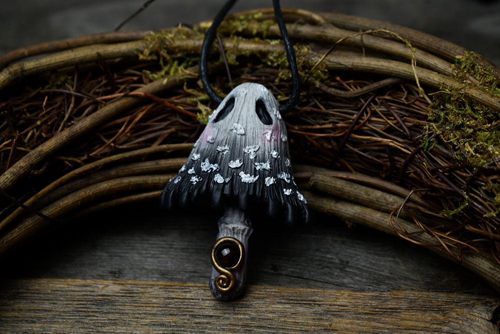 Inky Cap Ghost with Garnet Necklace