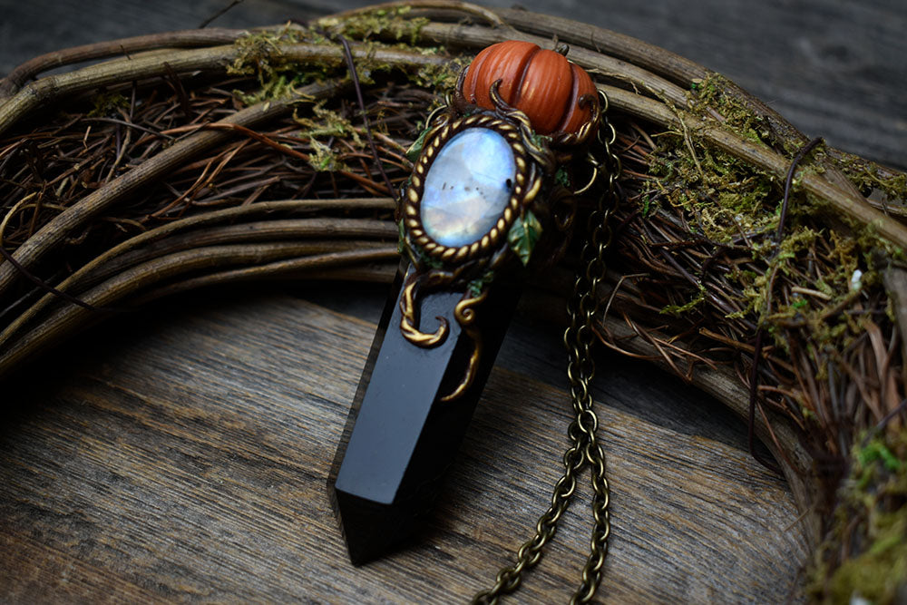 Obsidian Point with Moonstone Pumpkin Necklace