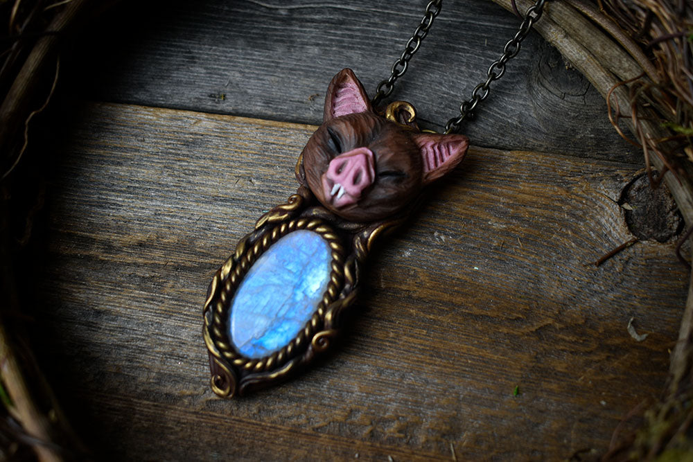 Vampire Bat with Moonstone Necklace