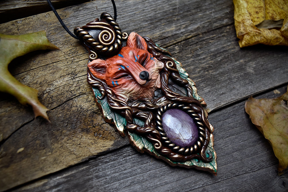 Fox with Ruby - Leaf Necklace