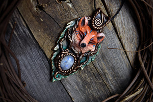 Fox with Moonstone - Leaf Necklace