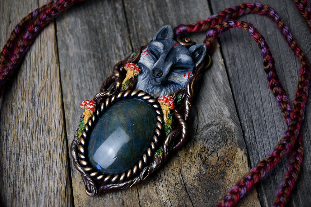 Wolf with Velvet Obsidian Necklace