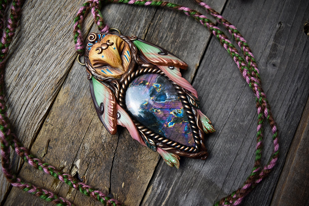 Barn Owl Chinese Moon Moth Forest Spirit with Labradorite Necklace
