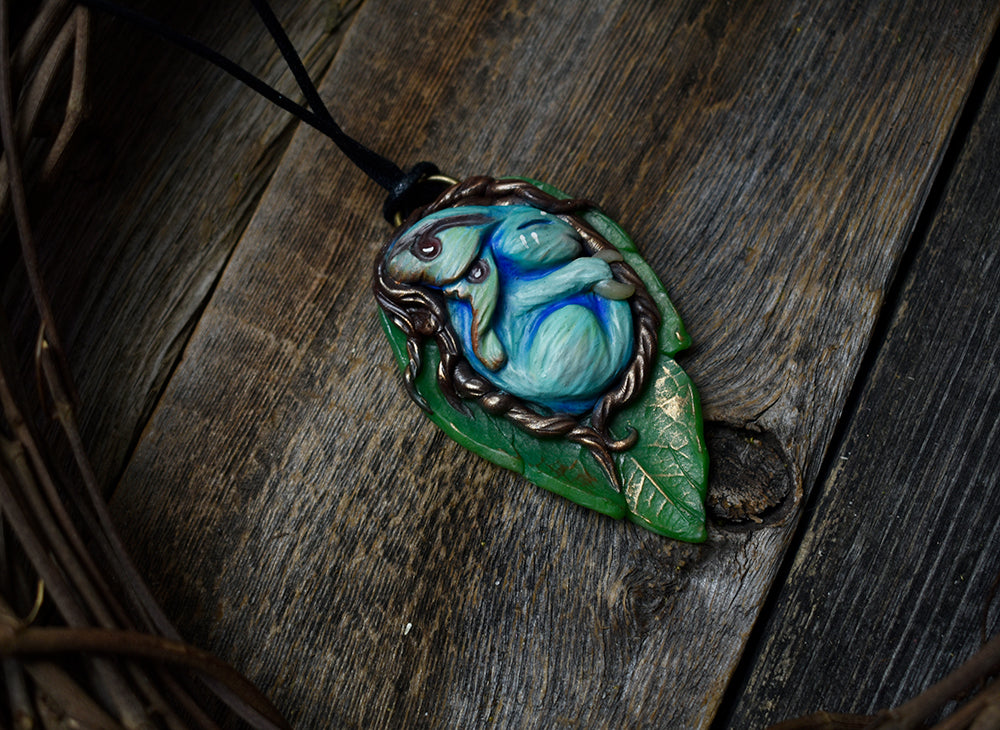 Sleeping Luna Moth Bunny on Leaf Necklace