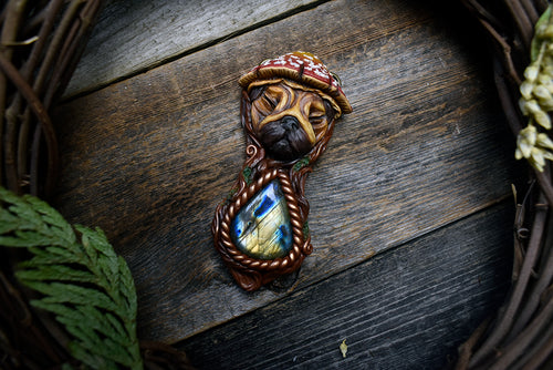 Pug in a Mushroom Hat with Labradorite Necklace