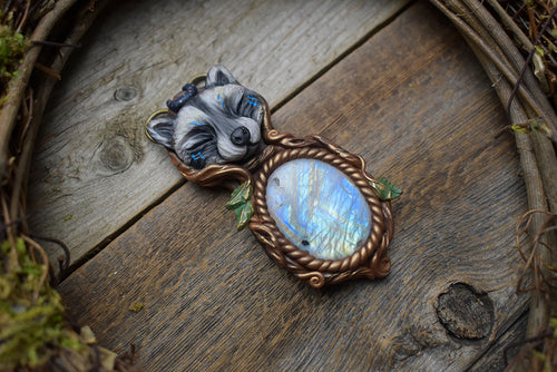 Raccoon with Moonstone Necklace