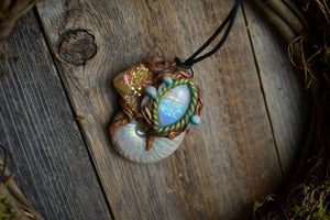 Ammonite with Sunset Aura Spirit Quartz with Moonstone Necklace