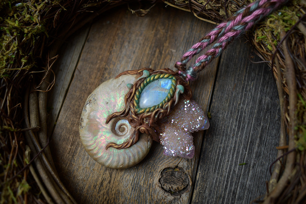Ammonite with Angel Aura Spirit Quartz with Moonstone Necklace