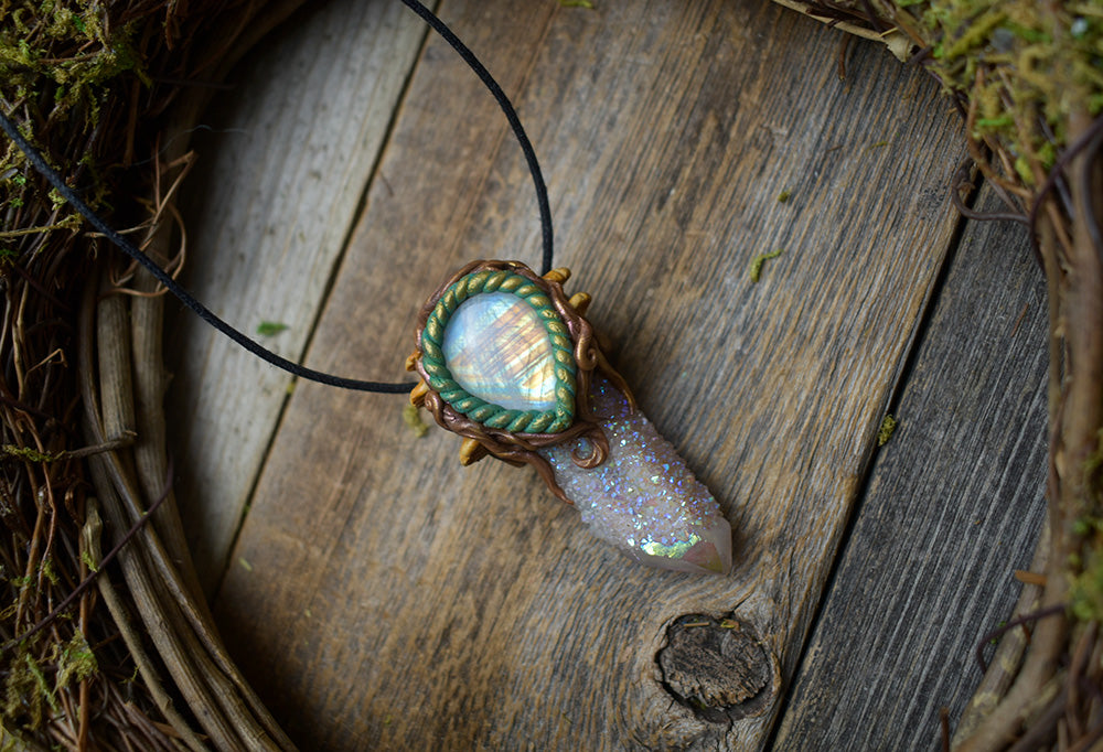 Angel Aura Spirit Quartz with Moonstone Necklace