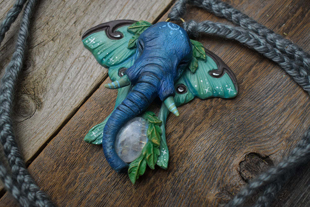 Elephant Luna Moth with Moonstone Necklace
