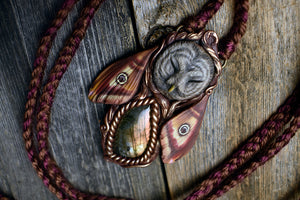 Great Grey Owl Moth Spirit with Labradorite Necklace