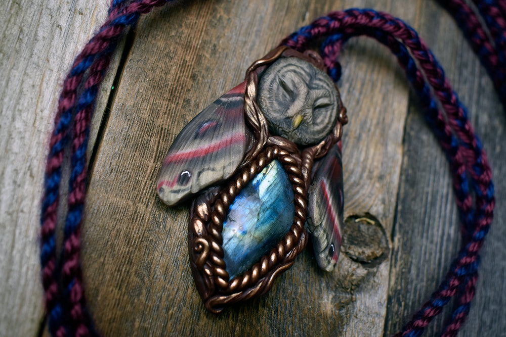 Great Grey Owl Moth Spirit with Labradorite Necklace