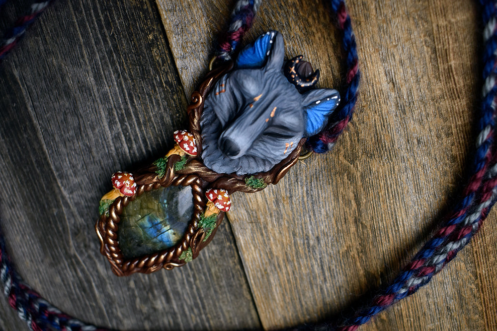 Blue Morpho Butterfly Wolf with Labradorite Necklace