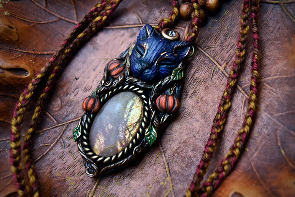 Black Cat with Sunstone Necklace