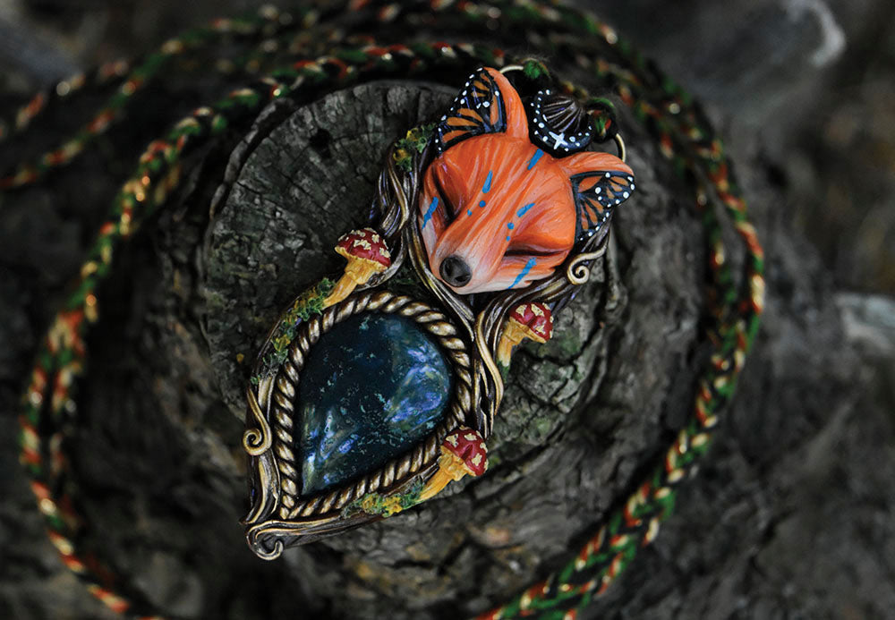 Fox Monarch Butterfly Forest Spirit with Moss Agate Necklace