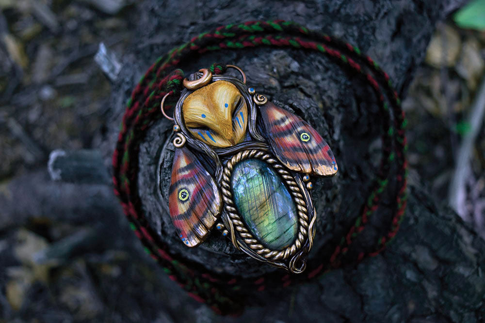 Barn Owl Emperor Moth Forest Spirit with Labradorite Necklace