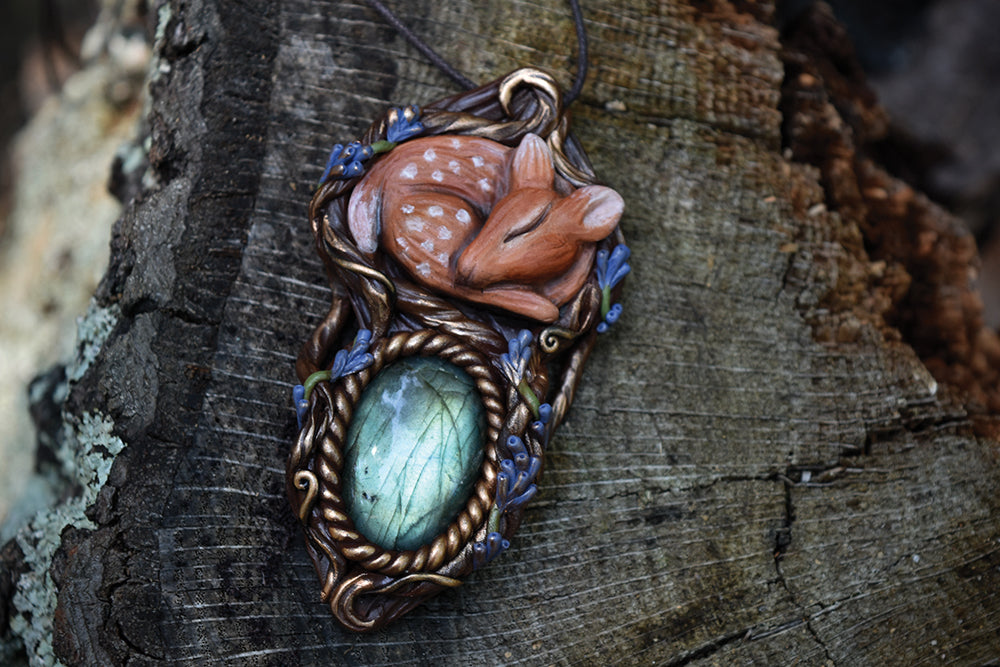 Sleeping Fawn with Labradorite Necklace