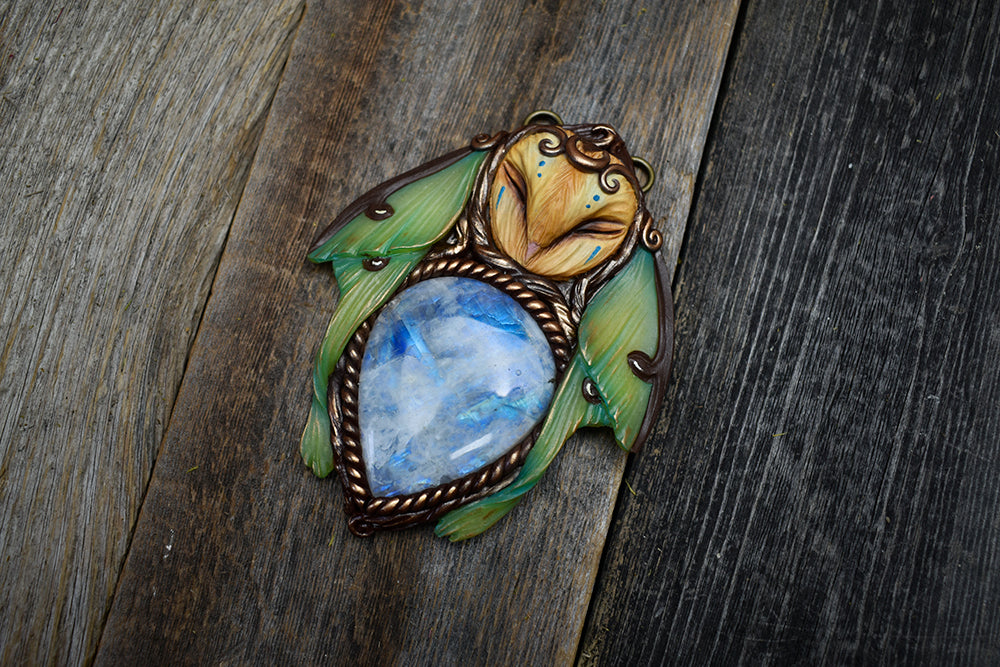 Barn Owl Luna Moth Forest Spirit with Moonstone Necklace