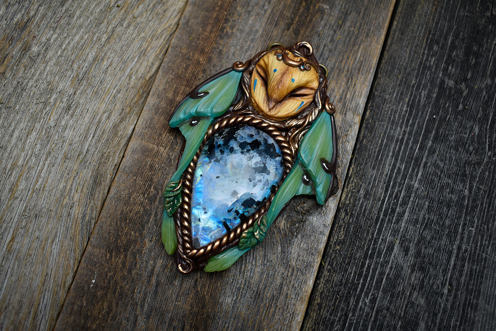 Barn Owl Luna Moth Forest Spirit with Moonstone Necklace