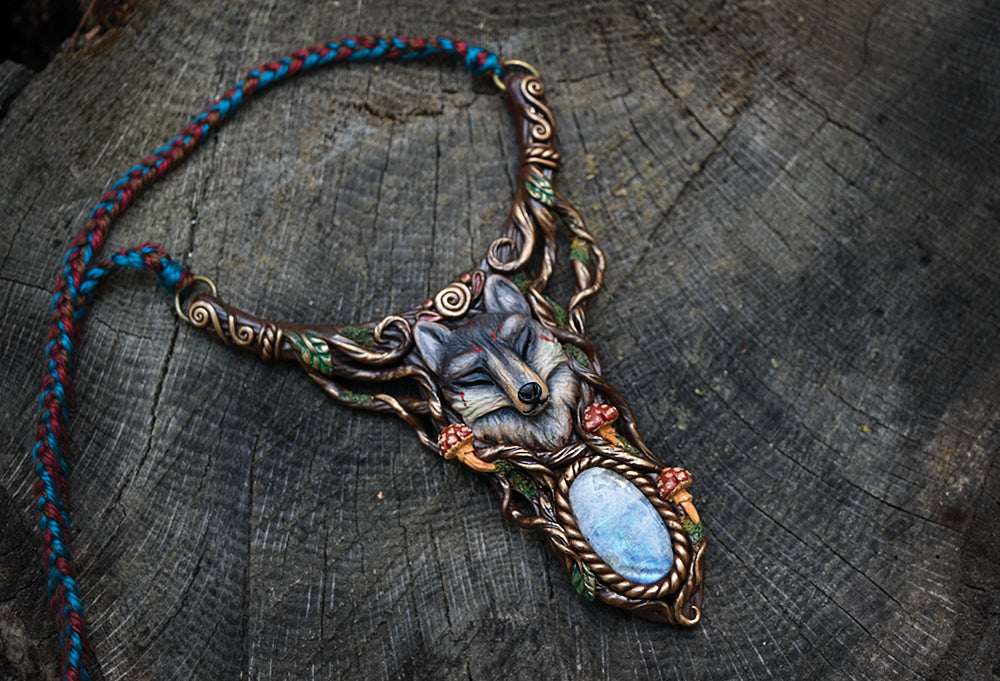 Wolf with Moonstone Half-Collar Necklace