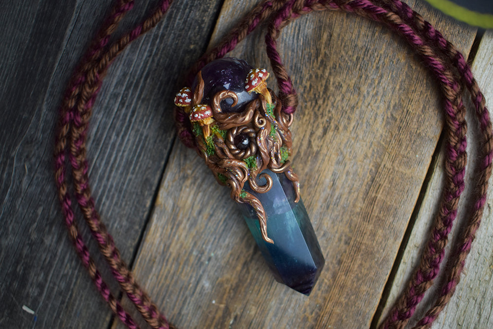 Fluorite Point with Amethyst Sphere and Garnet Mushroom Forest Necklace