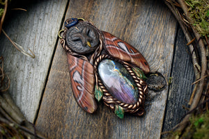 Great Grey Owl Atlas Moth Spirit with Labradorite Necklace