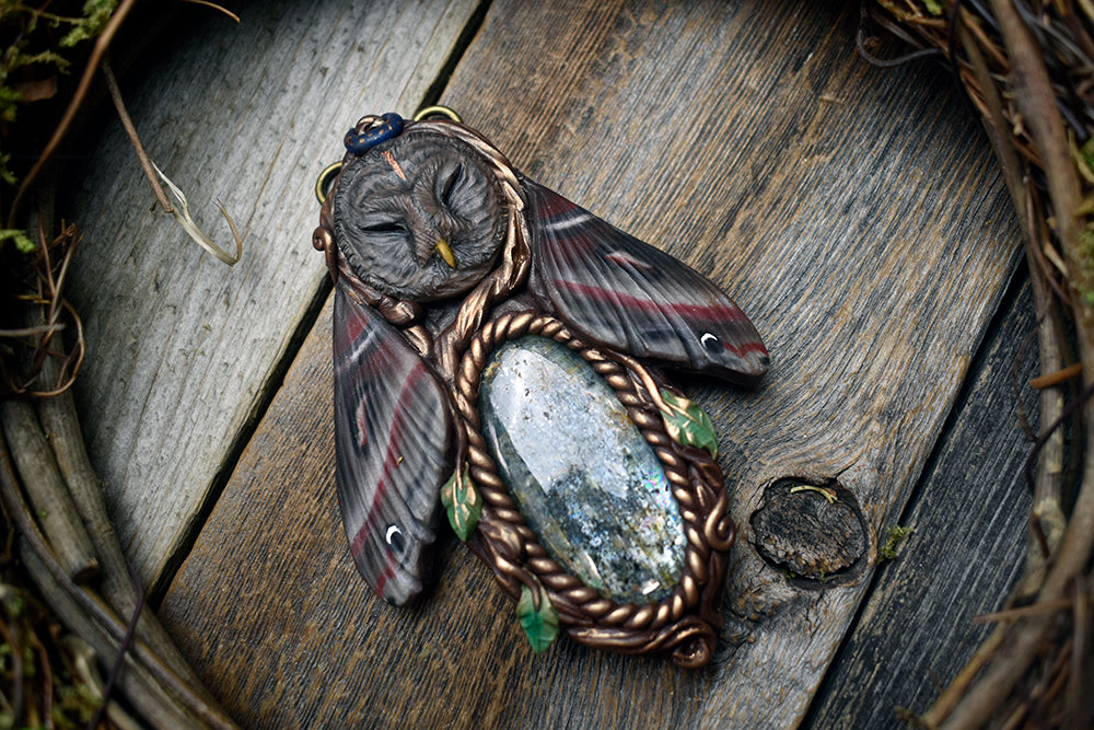 Great Grey Owl Cecropia Moth Spirit with Mossy Kyanite Necklace