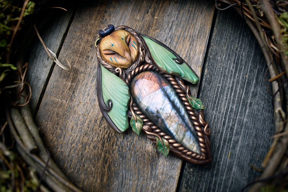 Barn Owl Luna Moth Spirit with Labradorite Necklace