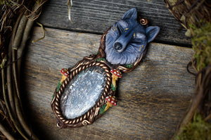 Wolf with Mossy Kyanite Necklace