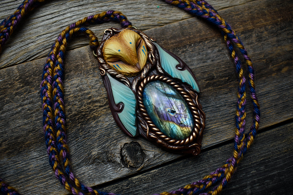 Barn Owl Luna Moth Forest Spirit with Labradorite Necklace