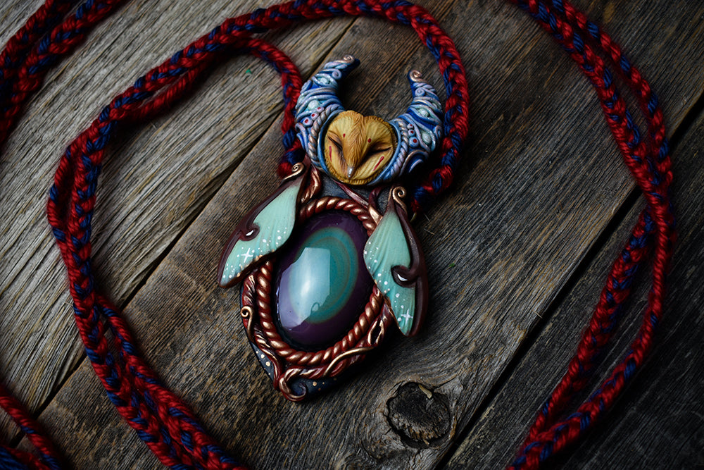 Owl Spirit with Rainbow Obsidian Necklace